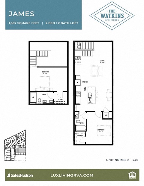 Floor plan for 2 beds, 2 baths, 1307 sqft